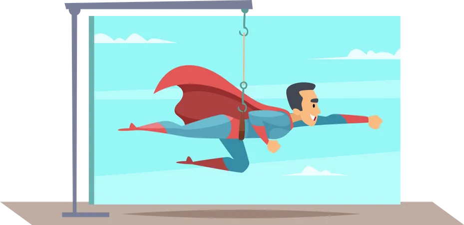 Male actor flying in sky using props  Illustration