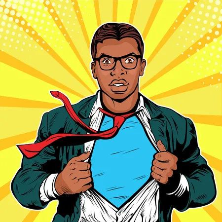 Male afro american businessman superhero pop art retro vector illustration  Illustration