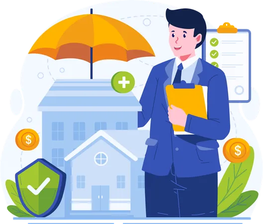 Property Insurance Agent Illustration A Male Agent Holds An Umbrella To Protect A House Home Insurance Service Concept Illustration