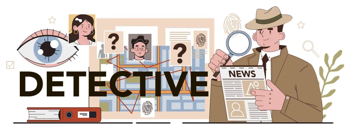 Detective Typographic Header Agent Investigating A Crime Place And Looking For Clues Person Solving Crime By Talking To Witness And Collecting Evidence Vector Illustration 일러스트레이션
