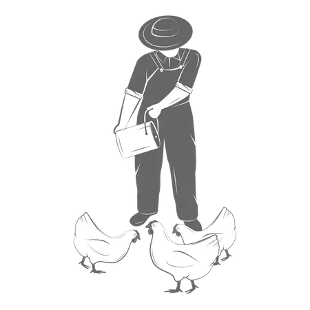 Agriculteur mâle nourrissant une poule  Illustration