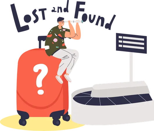 Male airline passenger sitting on baggage belt with found suitcase Illustration