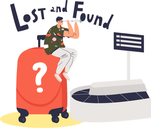 Male airline passenger sitting on baggage belt with found suitcase  Illustration