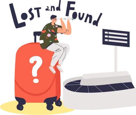 Male airline passenger sitting on baggage belt with found suitcase  Illustration