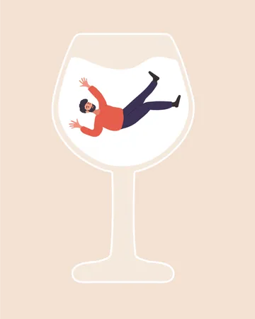 Male Alcoholism Drunk Man Swimming In Glass Of Boozy People Suffering From Hard Drinking Addiction Disorder Vector Illustration In Flat Cartoon Style Illustration
