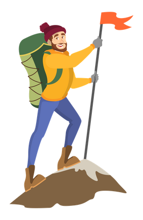 Male alpinist standing on top of the mountain Illustration