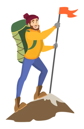Male alpinist standing on top of the mountain Illustration