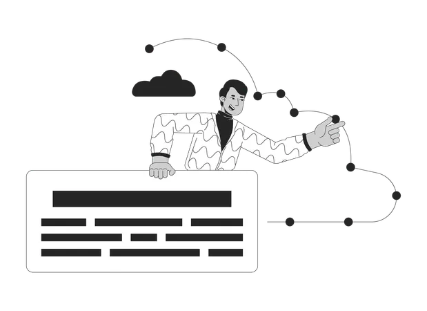 Male Analyst Cloud Computing Black And White 2 D Line Cartoon Character Administrator Indian Man Isolated Vector Outline Person Managing Cloud Infrastructure Monochromatic Flat Spot Illustration Illustration