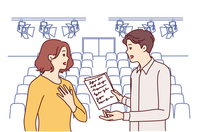 Male and female actors are rehearsing their dialogues before the show  Illustration