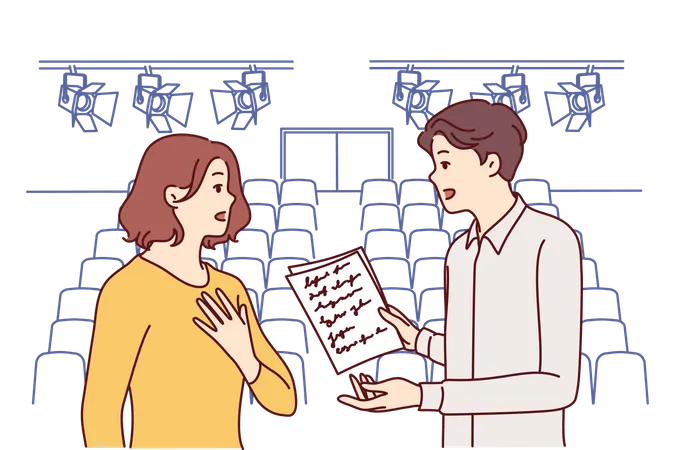 Male and female actors are rehearsing their dialogues before the show  Illustration