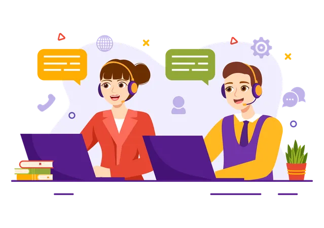 Call Center Agent Vector Illustration Of Customer Service Or Hotline Operator With Headsets And Computers In Flat Cartoon Background Illustration