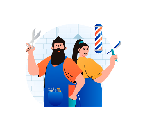 Male and female barber standing with hairdressing tools Illustration