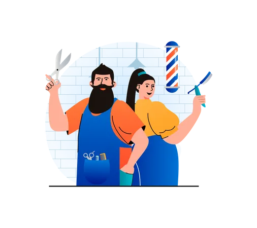 Male and female barber standing with hairdressing tools  イラスト