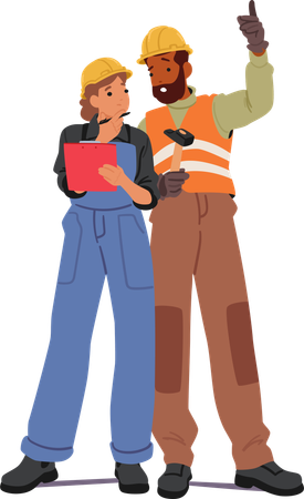 Male And Female Builder Characters In Hard Hats And Hi-vis Vests  Illustration