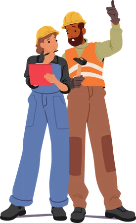 Male And Female Builder Characters In Hard Hats And Hi-vis Vests  Illustration