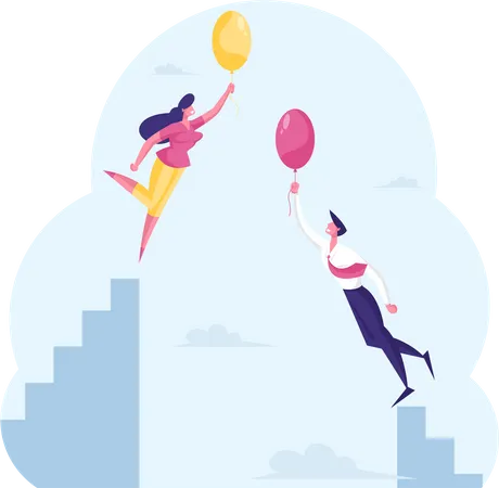 Male And Female Business Characters Flying Up With Air Balloons Businessman And Businesswoman Career Development Success Outstanding Persons Uniqueness Concept Cartoon People Vector Illustration Illustration