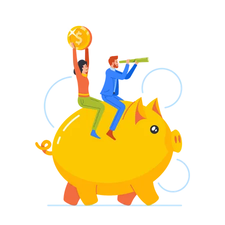 Male And Female Businesspeople Characters Riding Piggy Bank With Coin And Spyglass  Illustration