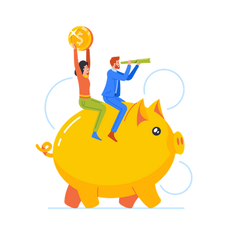 Male And Female Businesspeople Characters Riding Piggy Bank With Coin And Spyglass  Illustration