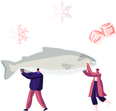 Male and Female Carry Frozen Fish Illustration