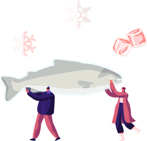 Male and Female Carry Frozen Fish  Illustration