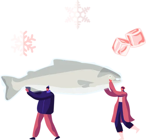 Male and Female Carry Frozen Fish  Illustration