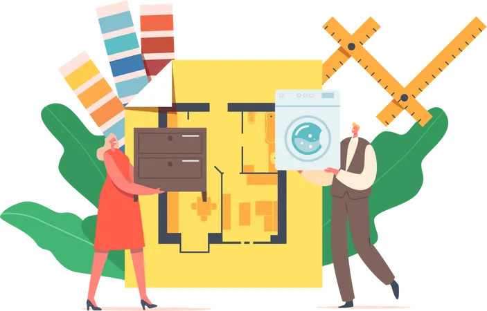 Tiny Male And Female Characters Holding Dresser And Washing Machine At Huge Apartment Layout With Room Plan Graphic Designer Profession Digital Art Creative Studio Cartoon Vector Illustration イラスト