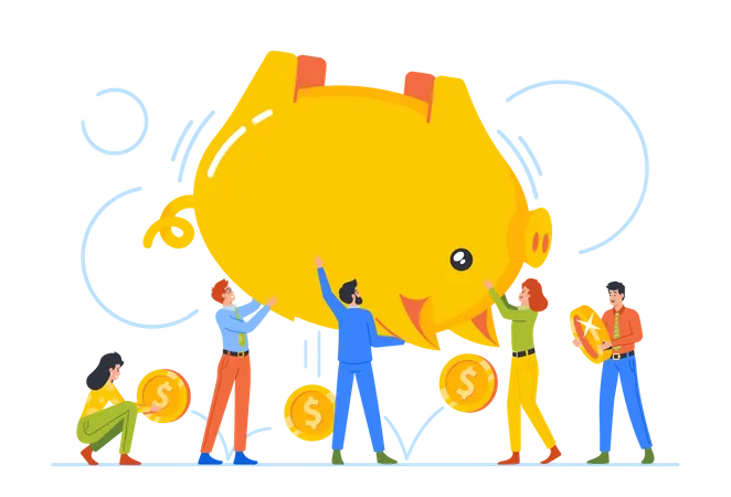 Tiny Male And Female Characters Shaking Huge Piggy Bank Concept Of Poverty Savings Budget Finance Investment People Collecting Money Or Taking Cash From Moneybox Cartoon Vector Illustration Illustration