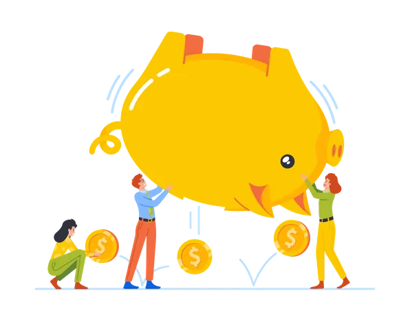 Male And Female Characters Shaking Huge Piggy Bank And Pick Up Falling Coins  Illustration