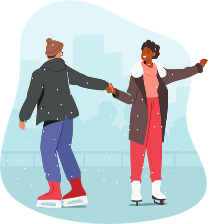 Male and Female Characters Skating on ice Rink at Wintertime Christmas Holidays Vacation. Loving Couple Winter Date Illustration