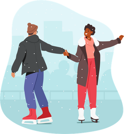 Male and Female Characters Skating on ice Rink at Wintertime Christmas Holidays Vacation. Loving Couple Winter Date  Illustration