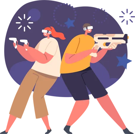 Virtual And Augmented Reality Concept Male And Female Characters Wear Vr Glasses Guns And Controllers Playing Online Games Young People Use New Technology Gadgets Cartoon Vector Illustration Illustration