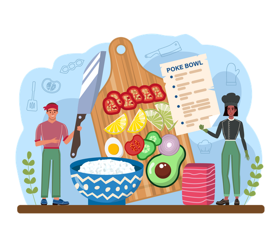 Male and female chef chopping vegetable for making tuna with shrimp toppings  Illustration