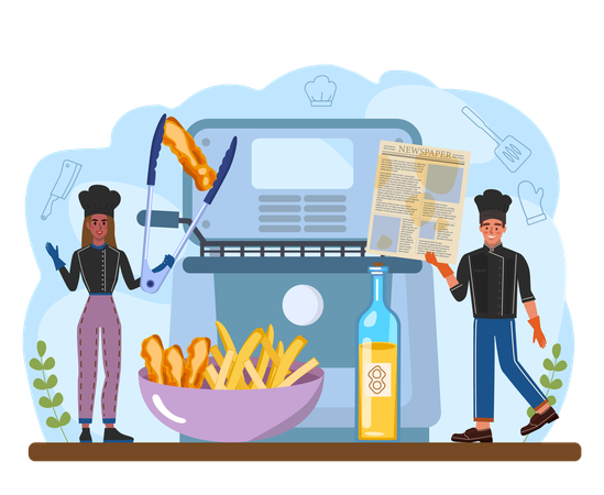 Male and female chef cooking Fish and chips  Illustration