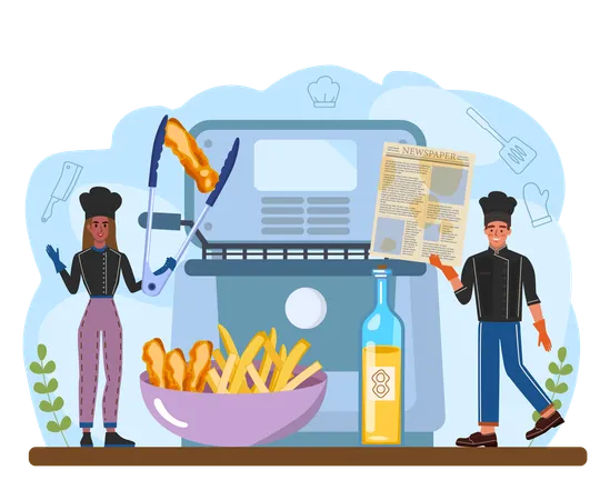Male and female chef cooking Fish and chips  Illustration