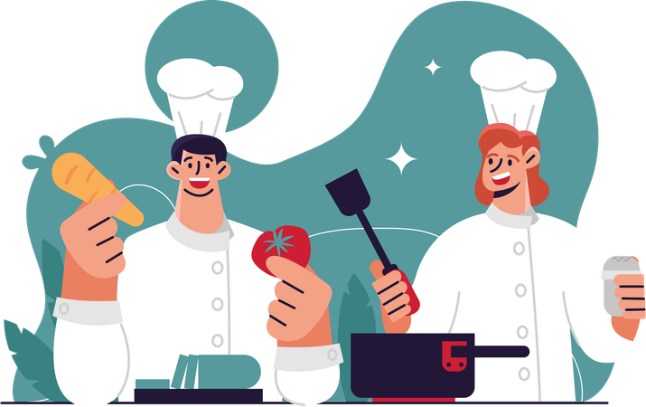 Male and female chef cooking in kitchen  Illustration