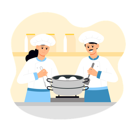 Male and female chef cooking in kitchen  Illustration