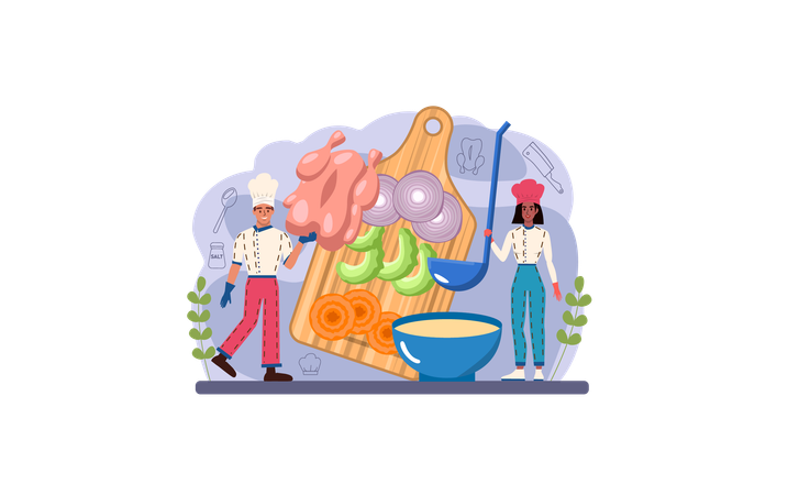 Male and female chef making chicken soup  Illustration