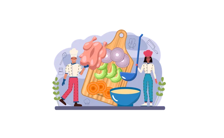 Male and female chef making chicken soup  Illustration