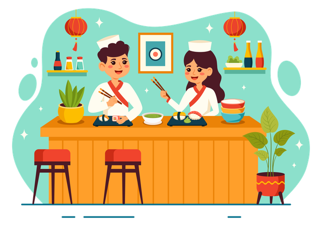Male and female chef serving sushi food  Illustration