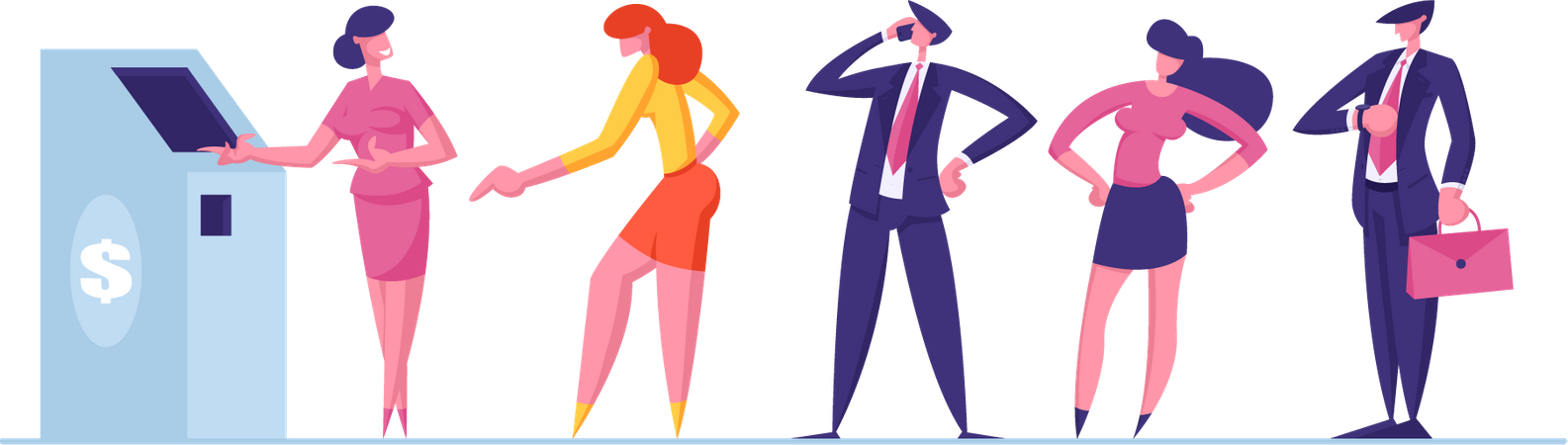 Male and Female Clients Stand in Queue in Bank Waiting for turn  Illustration