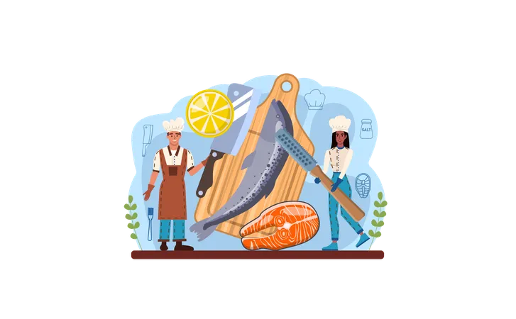 Male and female cook cooking grilled salmon  Illustration