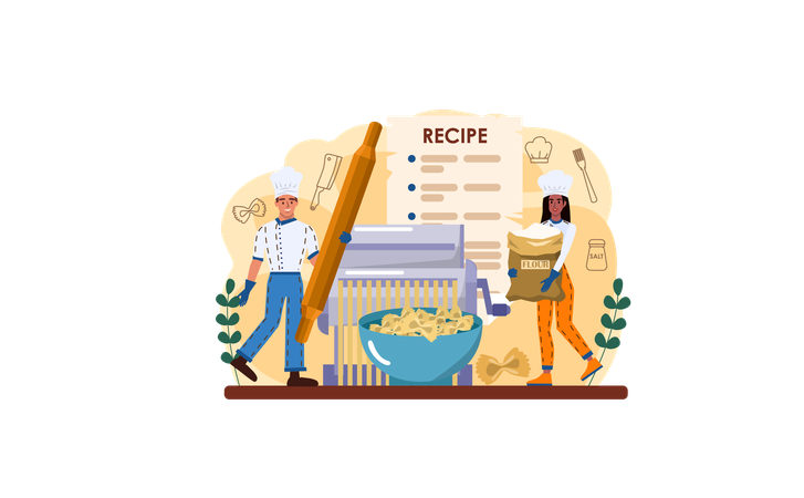 Male and Female Cook cooking Italian food from recipe  イラスト