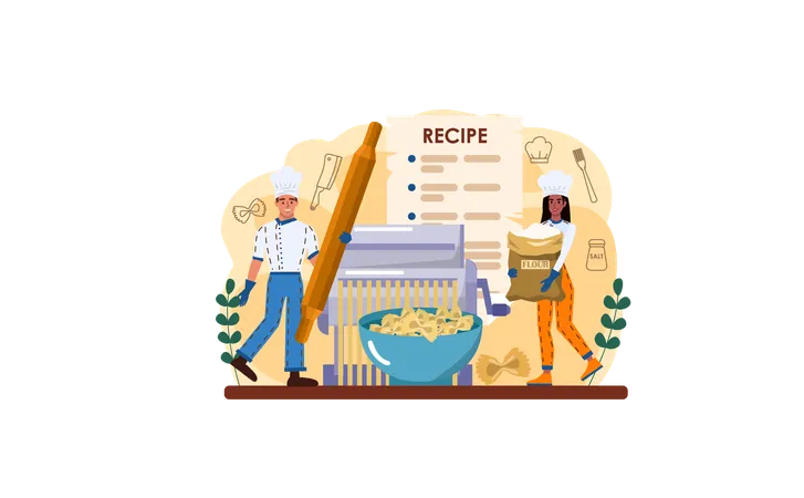 Male and Female Cook cooking Italian food from recipe  Ilustración