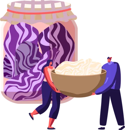 Tiny Male And Female Characters Cooking Fermented Food In Glass Jars Homemade Red Cabbage Preservation Kimchi Choucroute Gourmet Recipe Vegan Food Fermentation Cartoon People Vector Illustration Illustration