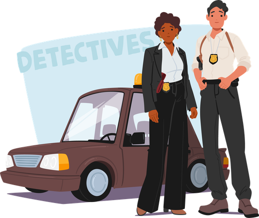 Male And Female Detective Standing Confidently By Police Car  Illustration