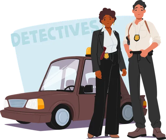 Male And Female Detective Standing Confidently By Police Car  Illustration