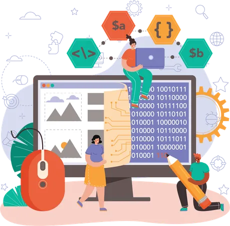 Male and female developer making software using binary code  Illustration