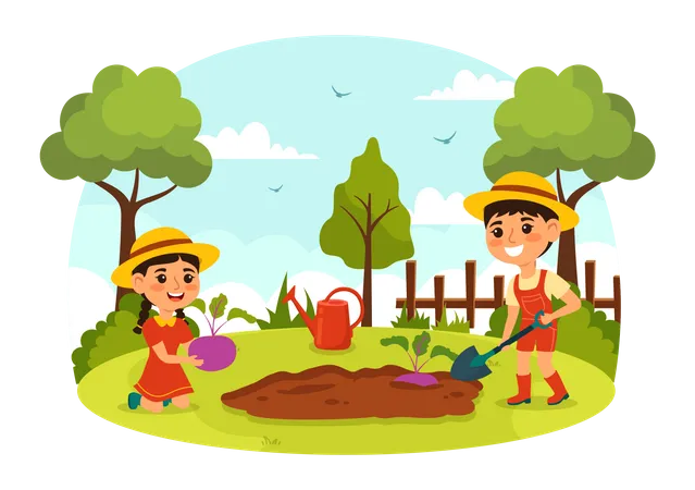 Growing Vegetables Vector Illustration With Harvest Farming Various Vegetable And Organic Natural Crop At A Garden In Kids Cartoon Background Design イラスト