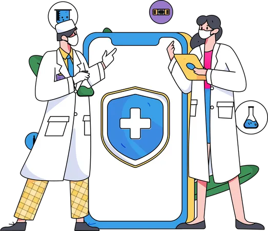 Male and female doctor doing medical research with online insurance  Illustration