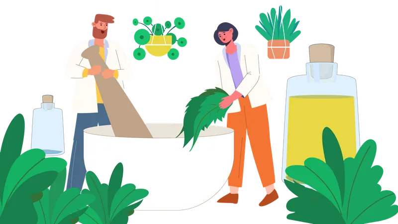 Male and female doctor making natural medicine  Illustration